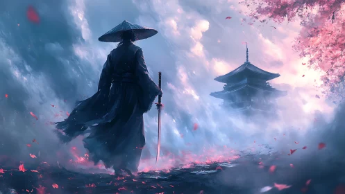 Solitary samurai strides toward mist veiled pagoda horizon.