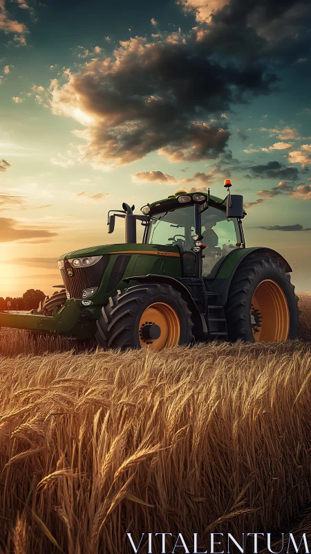 Golden hour tractor stands ready in a peaceful wheat field