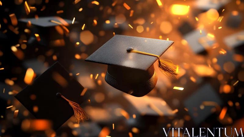 Graduation Caps in Midair with Celebratory Sparkles, Warm Lighting.