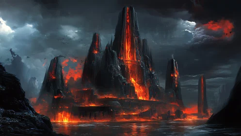 Volcanic fortress structure rises amid molten rock flows