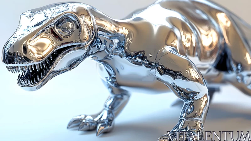 Shiny Chrome Dinosaur Sculpture in Futuristic Art Style.