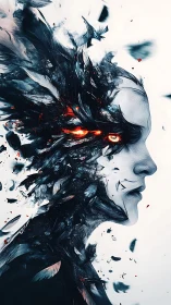 Profile figure merges with fractured feathered structure