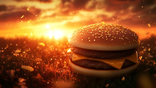 Golden sunset cheeseburger glowing in a dreamy meadow.