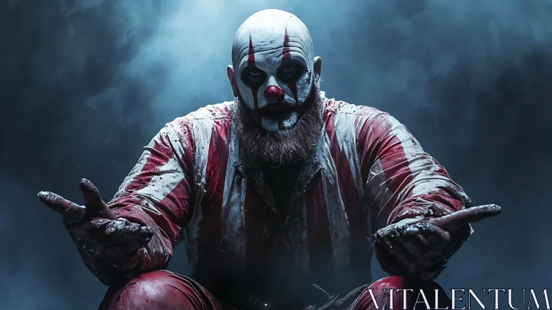 Sinister clown portrait in moody cinematic blue haze.