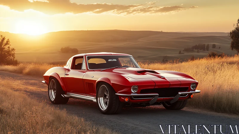 Red classic sports coupe on rural dirt road at sunset.