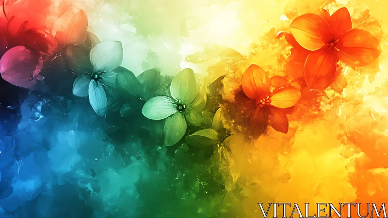 Glowing rainbow blossoms drifting through soft painted light.