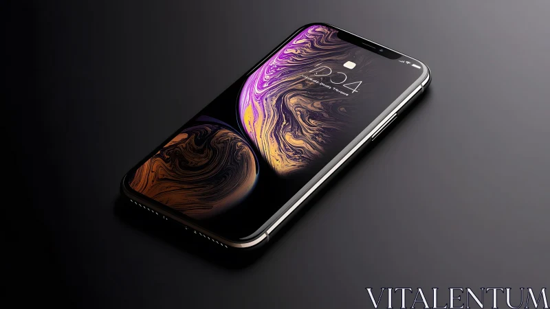 Modern smartphone with vivid abstract wallpaper on dark surface.