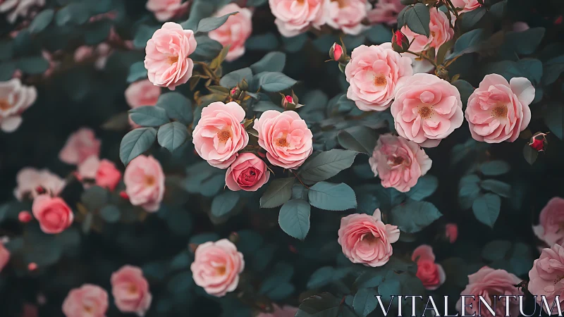 Pink Garden Roses Among Teal Foliage.
