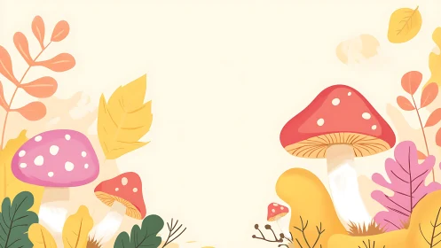 Autumn forest border illustration with stylized toadstool mushrooms