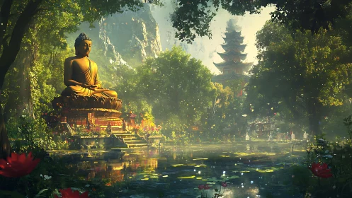 Golden Buddha overlooks a tranquil temple garden pond