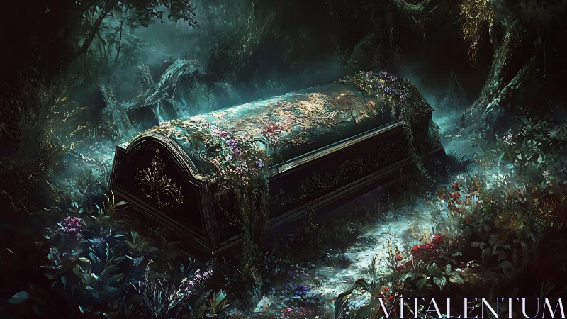 Ornate stone coffin in overgrown enchanted forest graveyard.