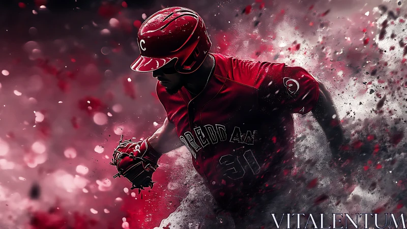 Red-suited baseball runner bursts through swirling motion.