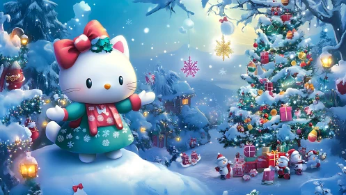 Sweet winter kitty welcomes a sparkling Christmas wonderland.