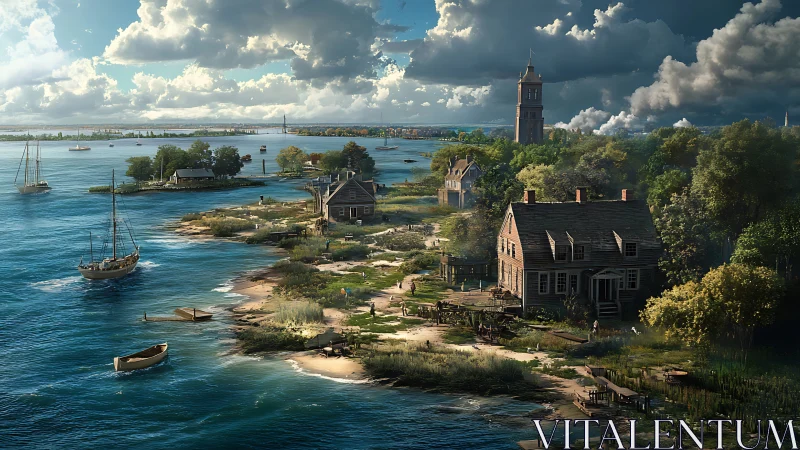 Colonial Waterfront Settlement with Harbor and Tower Architecture.
