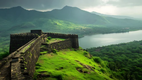 Old hilltop fortress leans into emerald valleys and quiet lake