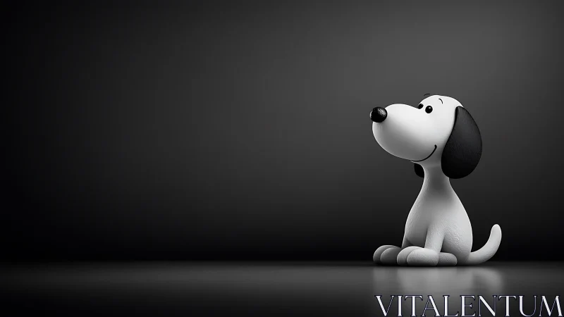 Cute cartoon dog sits in spotlight on dark background.