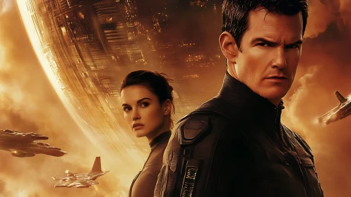 Futuristic soldiers before massive orbited structure.