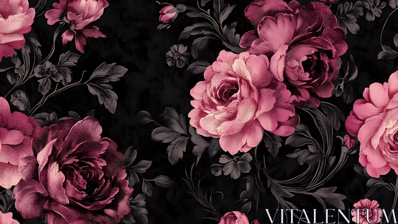 Ornate Pink Peonies Against Black Background.