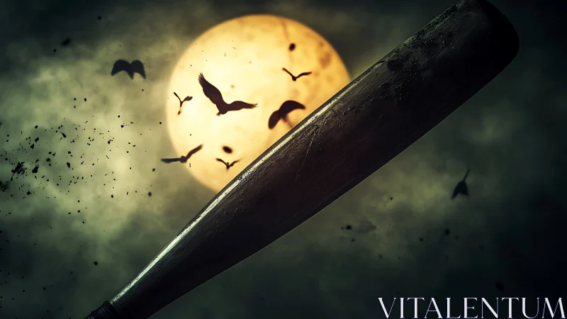 Moonlit bat swing slices through a storm of circling crows.