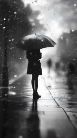 Silhouette under umbrella on rain-soaked city sidewalk.