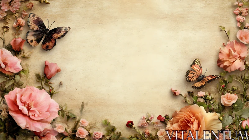 Vintage floral frame with peach roses and two butterflies