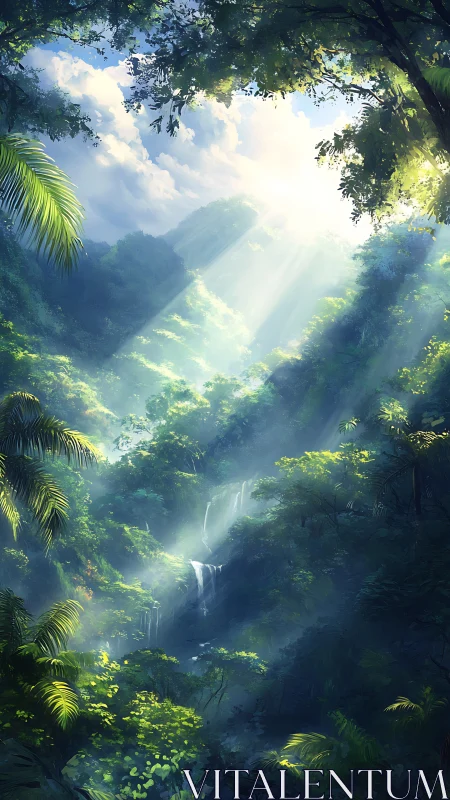 Sunlit tropical rainforest canyon reveals cascading waterfall