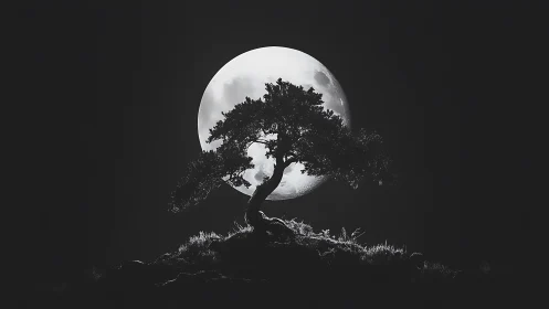 Monochrome lone tree silhouette aligned with full moon.