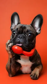 French bulldog with red telephone handset on orange background.