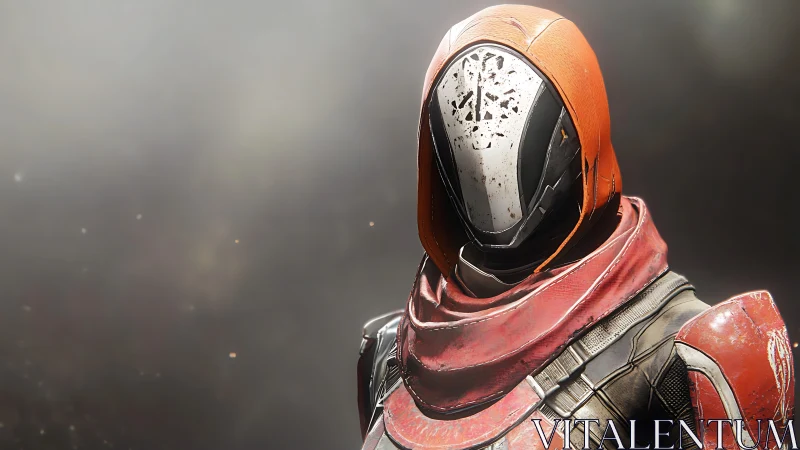 Futuristic armored sentinel with weathered orange combat helmet