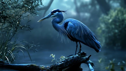Majestic blue heron on misty log in serene digital artwork.