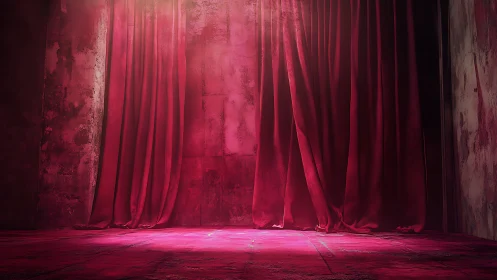 Velvet red stage curtains glowing in quiet anticipation.