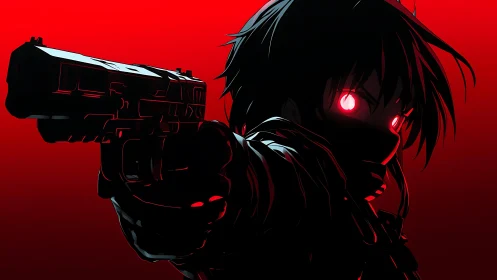 High-contrast anime gunman silhouette with red neon backlight.