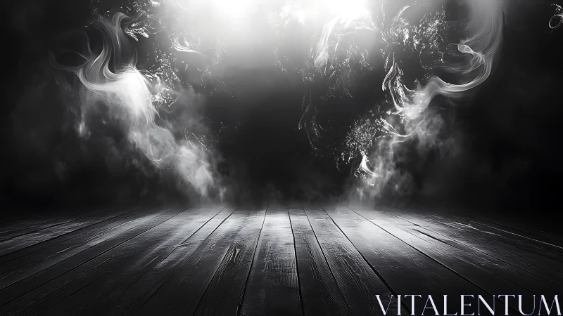 Monochrome wooden stage under swirling abstract smoke light.