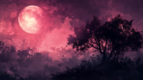 Digital painting of crimson moonrise with silhouetted woodland forms.