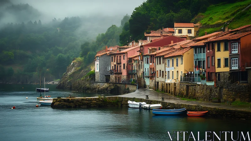 Misty coastal village with colorful waterfront houses and boats.