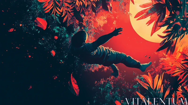 Falling figure under oversized moon in neon red jungle void.