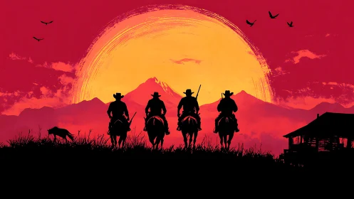 Silhouetted riders before large sun over mountainous horizon.