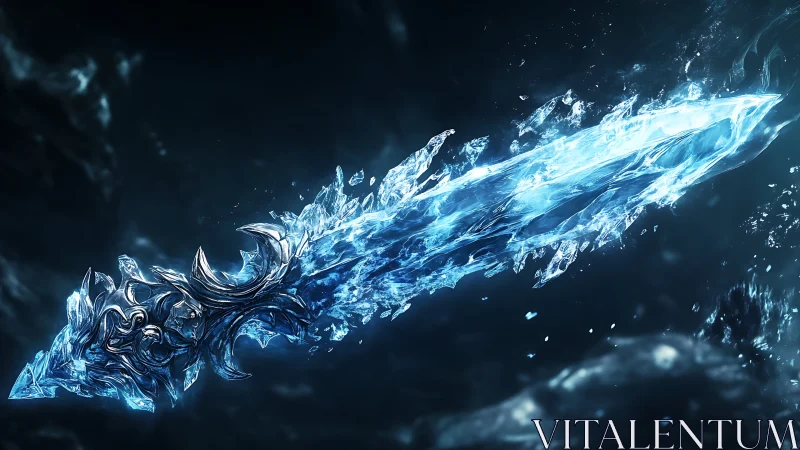 Frozen crystal sword with ornate hilt in dark blue void.