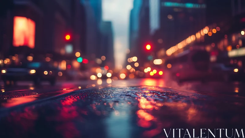 Rain-slicked city street turns traffic lights into liquid stars