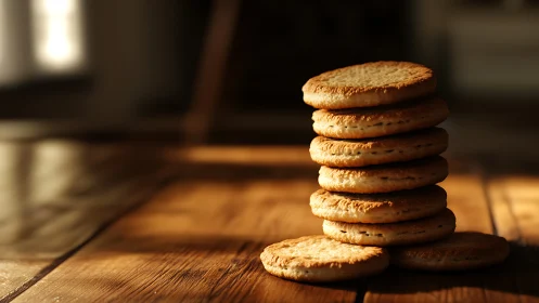 Stack of Golden Cookies on Wooden Table.