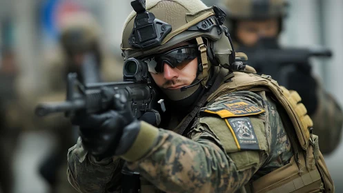Urban tactical unit holding formation under tense focus.