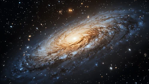 Photorealistic spiral galaxy with luminous stellar core focus.