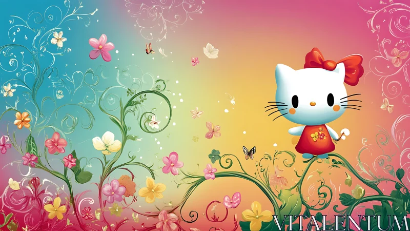 Hello Kitty Character Positioned Centrally Against Gradient Floral Composition