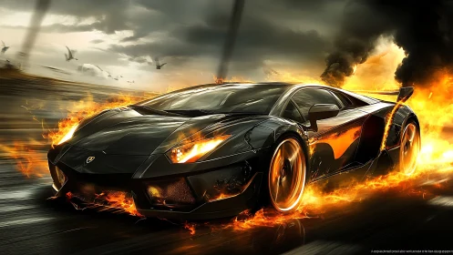 Black Supercar Engulfed Flames High-Speed Inferno.
