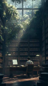 Solitary researcher at desk under overgrown skylit archive canopy