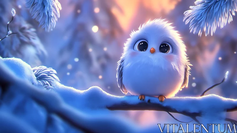 Adorable fluffy owl on snowy branch in dreamy winter illustration.