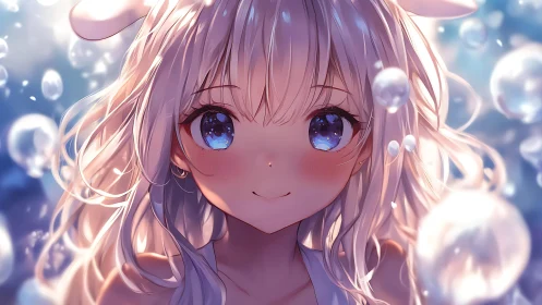 Gentle anime girl glowing among dreamy floating bubbles.