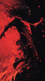 Silhouetted runner bursts through swirling red liquid