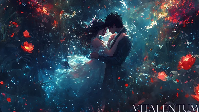 Couple Embracing Among Luminescent Flowers in Ethereal Fantasy Setting