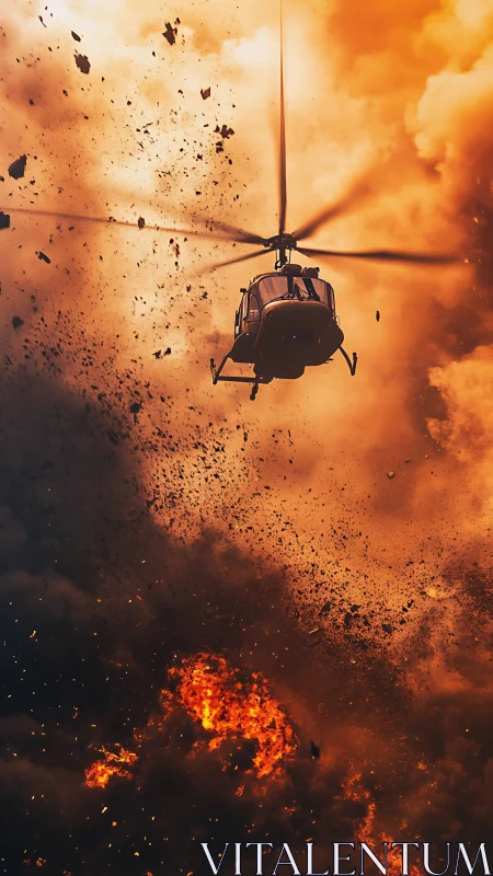 Helicopter framed against dense fireball explosion clouds.